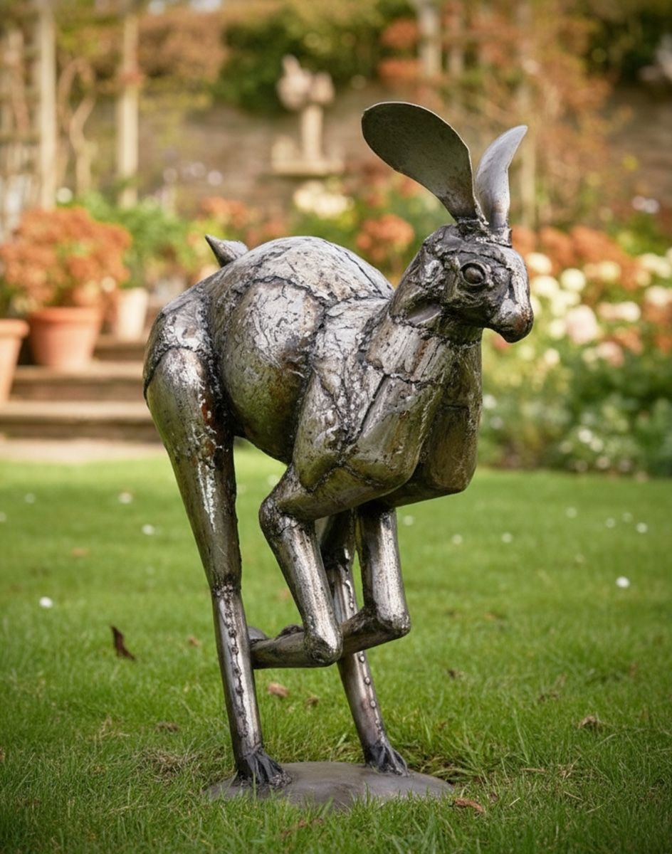 Digital Illustration of Hare Steel Sculpture on a Garden Lawn with Plant Pots in Background