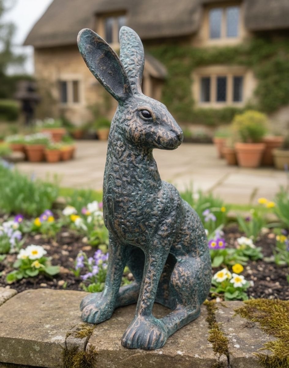 Digital illustration of "Hark’ Cast Aluminium Hare Garden Sculpture - Verdigris in front of a cottage