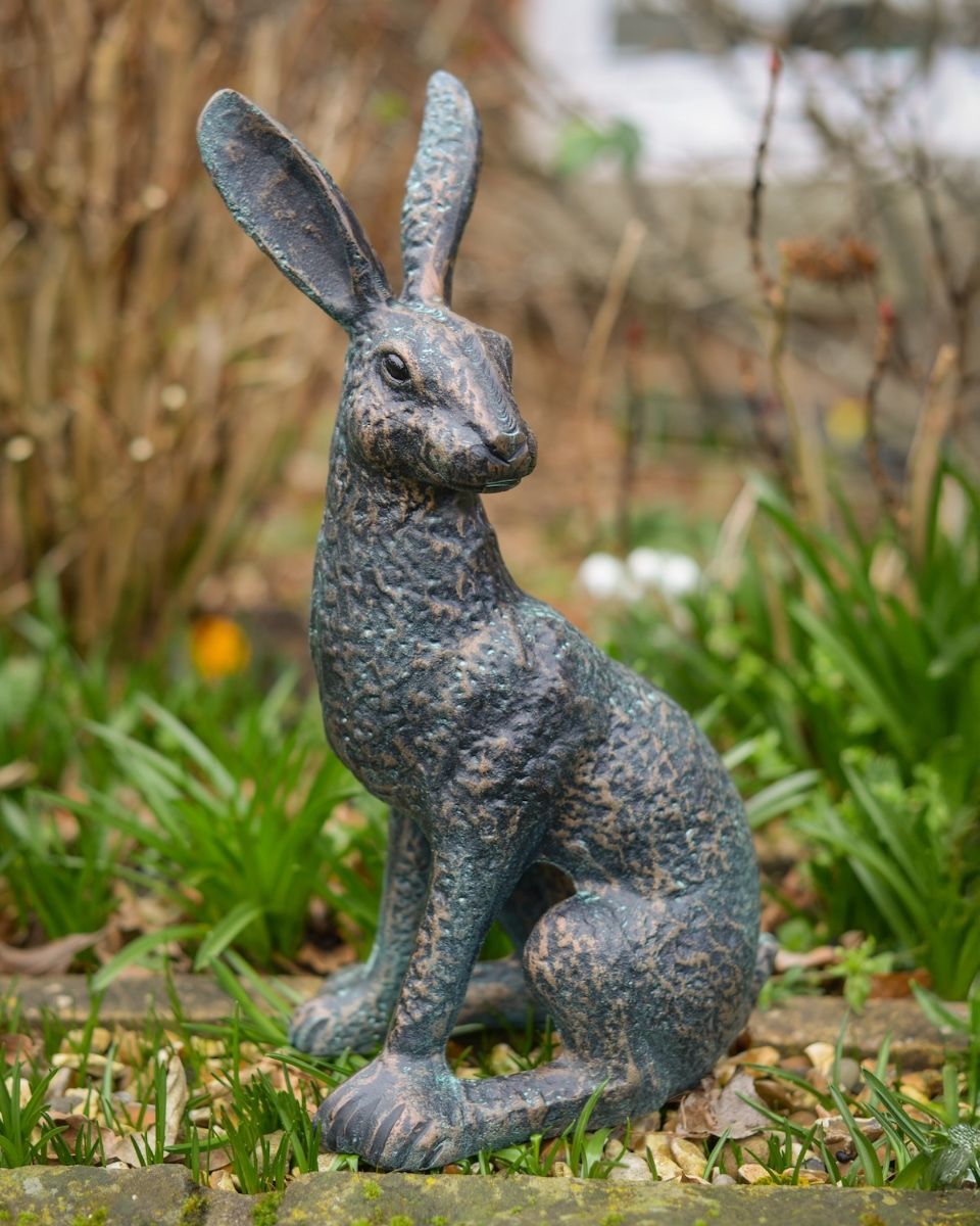 Digital illustration of ‘Hark’ Cast Aluminium Hare Garden Sculpture - Verdigris angled view of sculpture