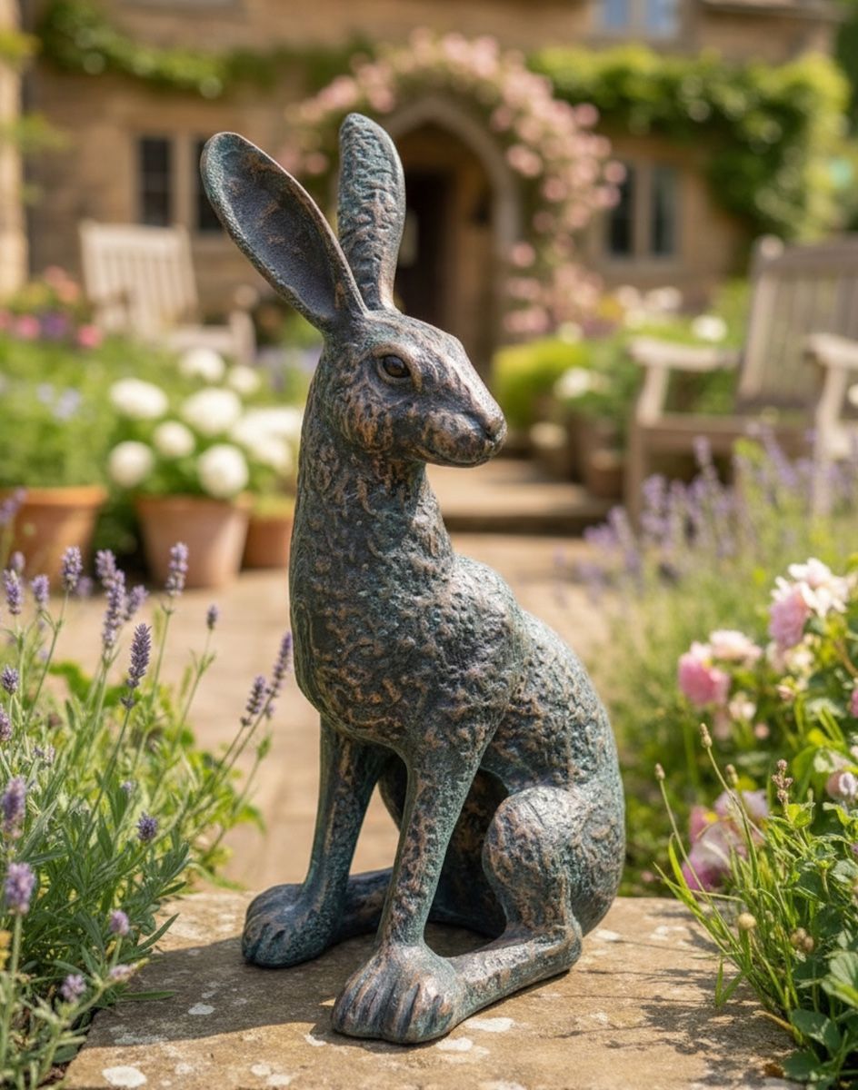 Digital illustration of "Hark’ Cast Aluminium Hare Garden Sculpture - Verdigris in a summer garden
