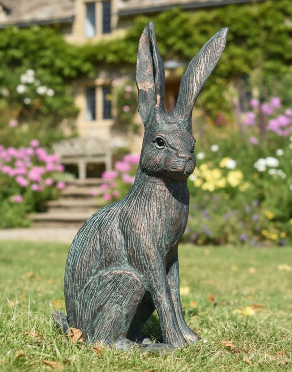 Digital illustration ofa Verdigris "Hunter" the Hare Cast Aluminium Garden Sculpture in Front of a Cottage Garden