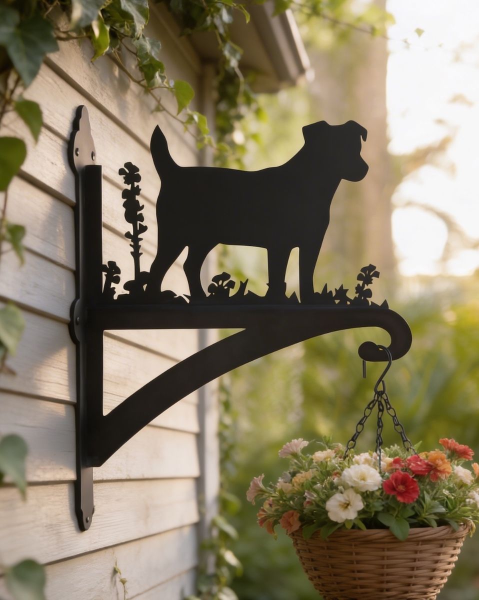 Digital illustration of Jack Russell Iron Hanging Basket Bracket mounted on a shed