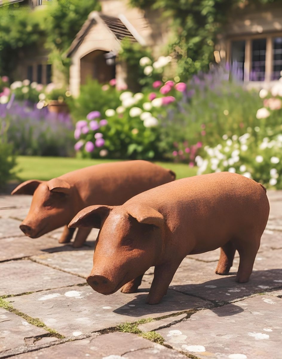 Digital illustration of Large Rustic Cast Iron Pig Sculpture pair in front of cottage garden
