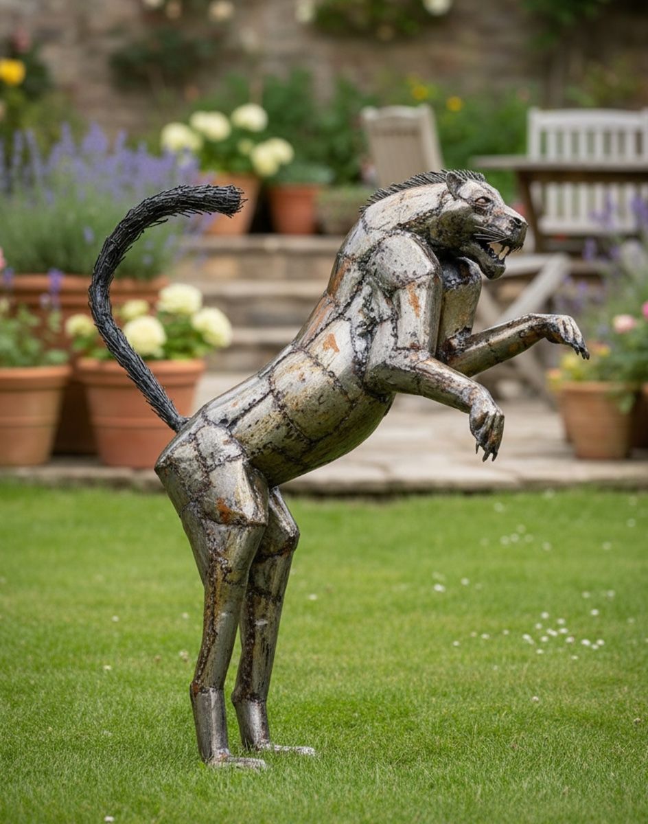 Digital Illustration of Leaping Leopard Recycled Metal Sculpture on a Garden Lawn