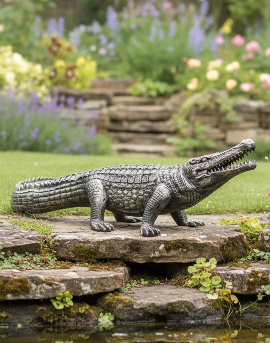 Digital Illustration of Life-Size Cast Aluminium Crocodile Garden Sculpture in Front of a Garden Pond