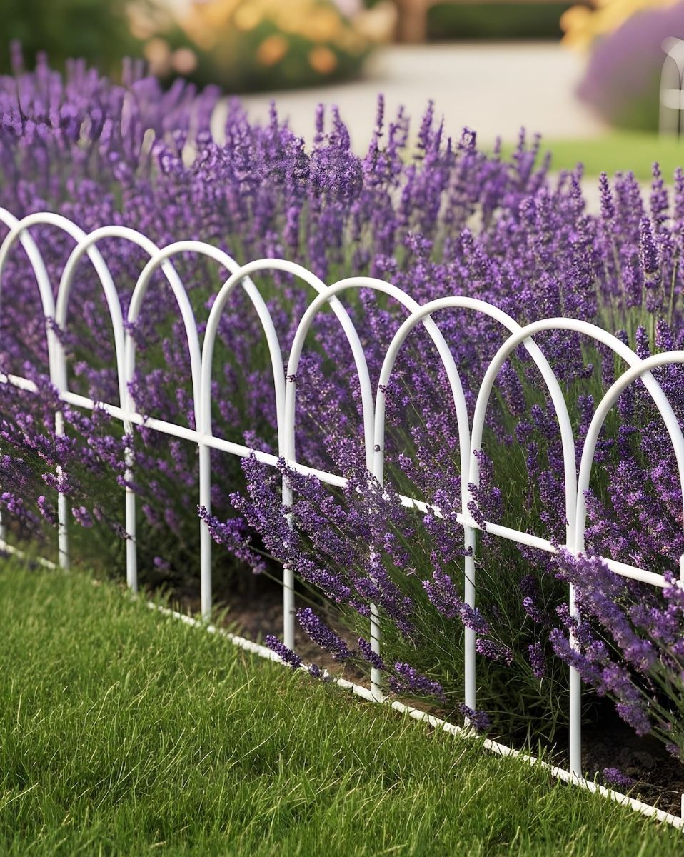 Digital illustration of looped lawn edging next to lavendar