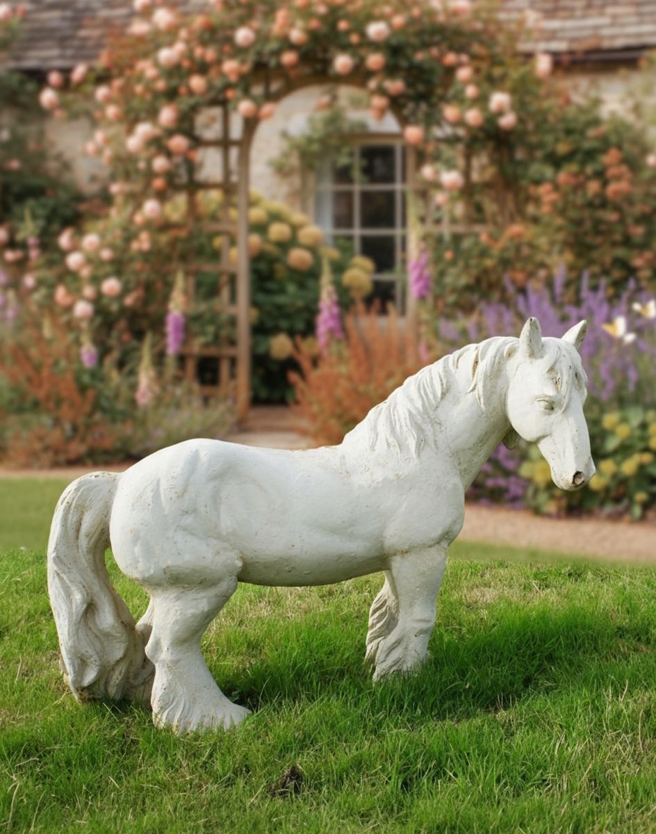 Digital illustration of Miniature Cast Iron Pony Sculpture - Cream in a cottage garden