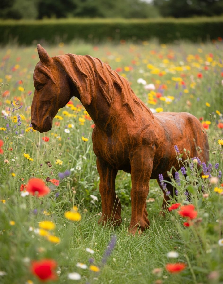 Digital illustration of Miniature Pony Facing Right Rustic Cast Iron Sculpture in wild flower meadow