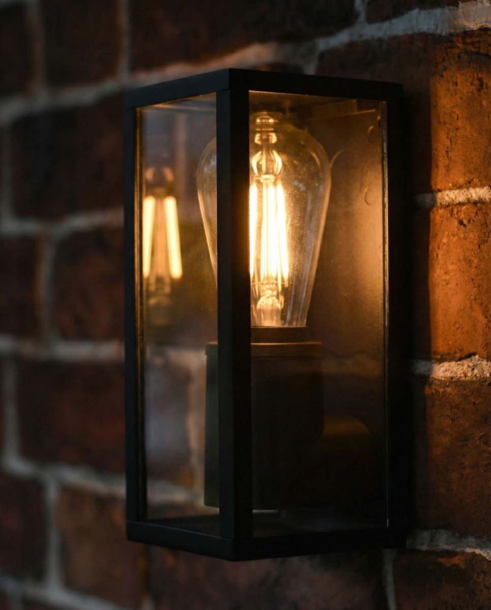 Digital illustration of Modern Tall Box Wall Light Black lit up at night