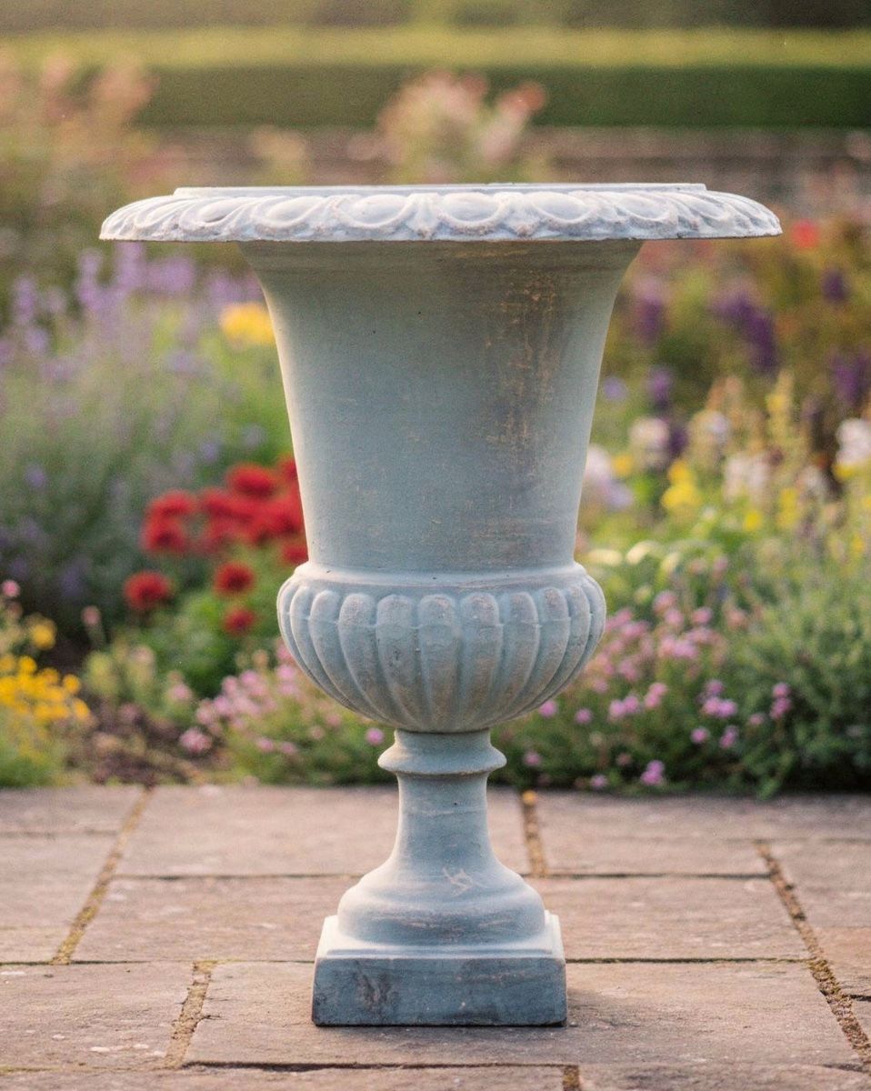 Digital illustration of old copper plant urn in front of flower bed