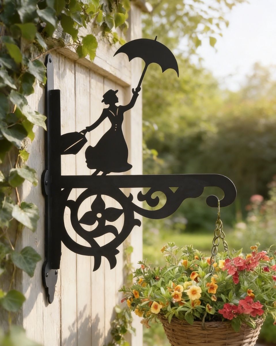 Digital illustration of Ornate Flying Nanny Iron Hanging Basket Bracket mounted on a fence