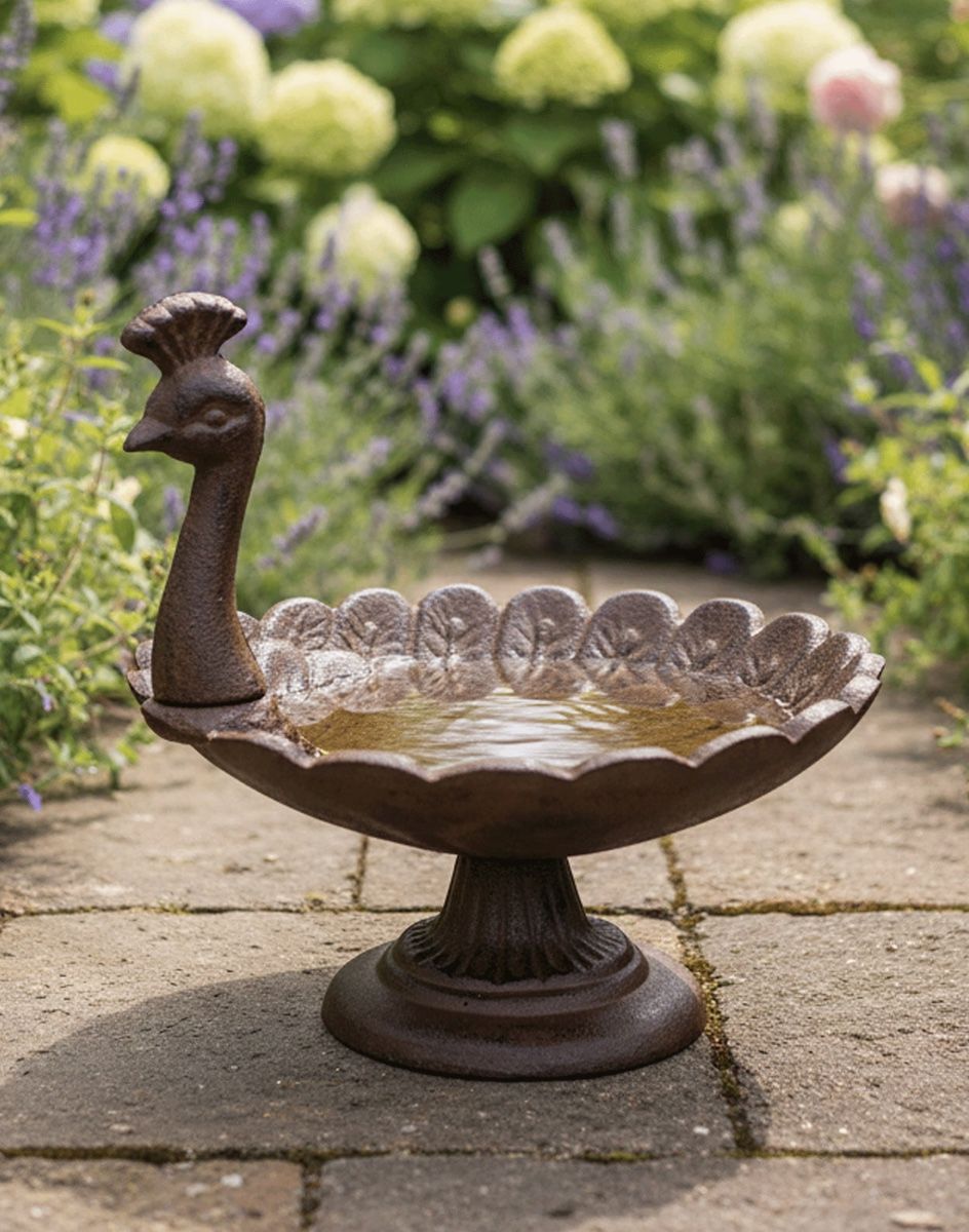 Digital Illustration of Peacock Pedestal Bird Bath & Feeder on a Sunny Garden Patio
