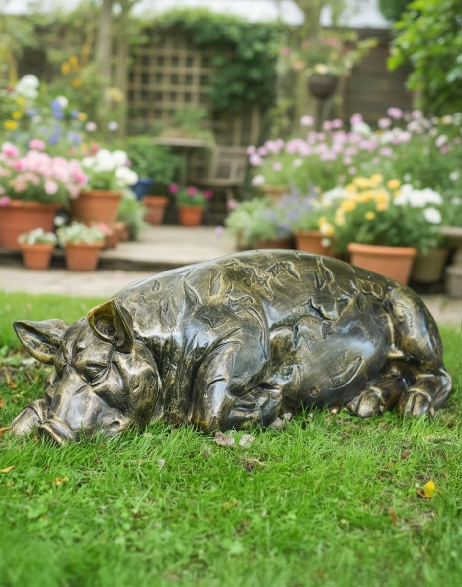 Digital illustration of a "Penelope" the Sleeping Pig Garden Sculpture positioned on a garden lawn