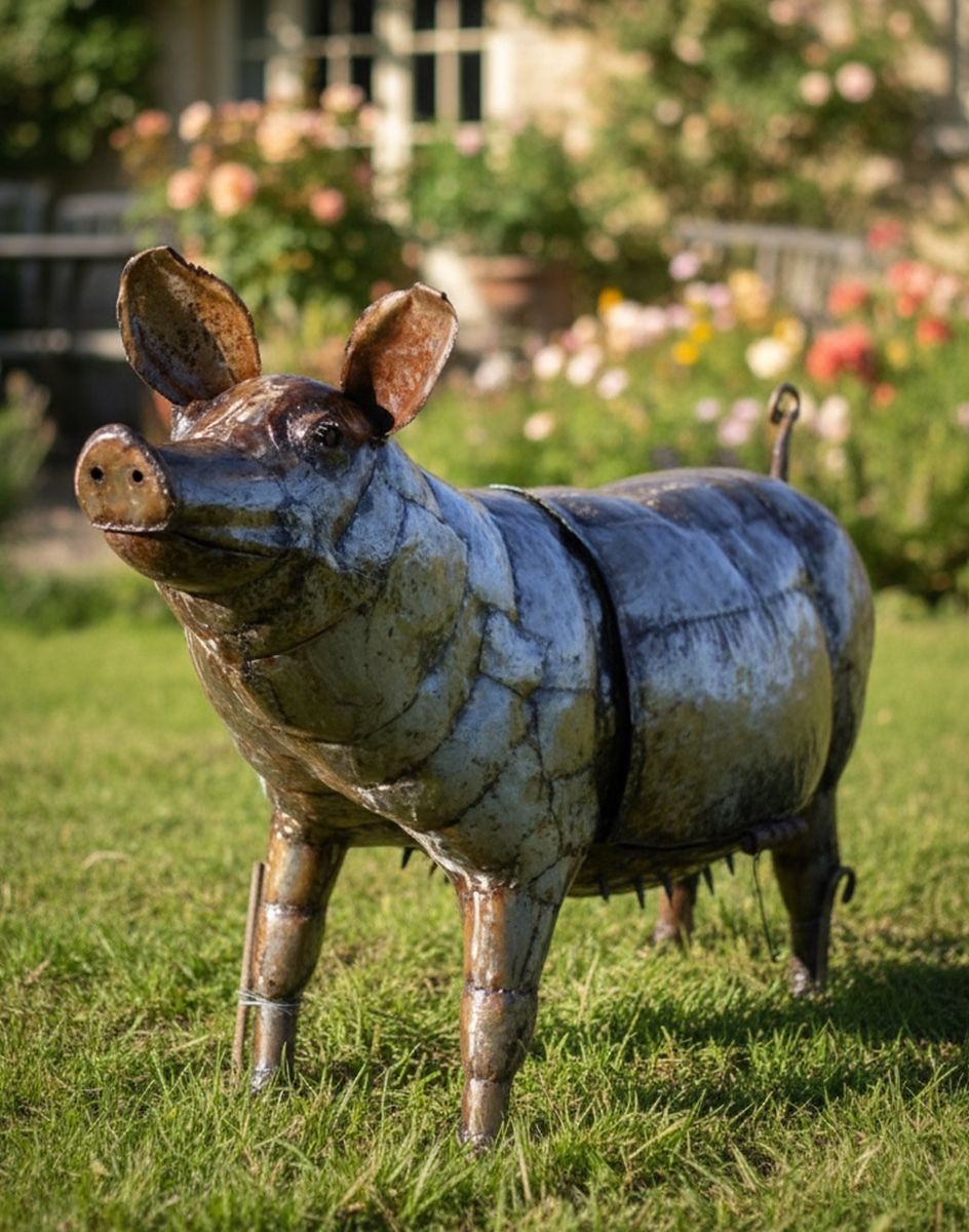 Digital illustration of a Pig BBQ Sculpture in front of a cottage garden