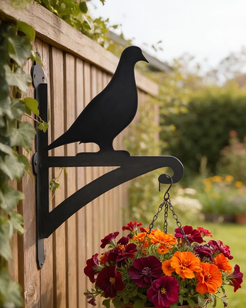 Digital illustration of Pigeon Hanging Iron Basket Bracket mounted on a fence