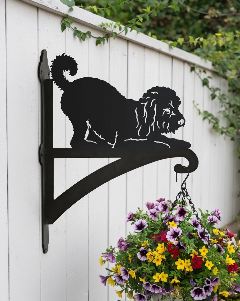 Digital Illustration of the Playful Cockapoo Iron Hanging Basket Bracket Mounted on a White Fence