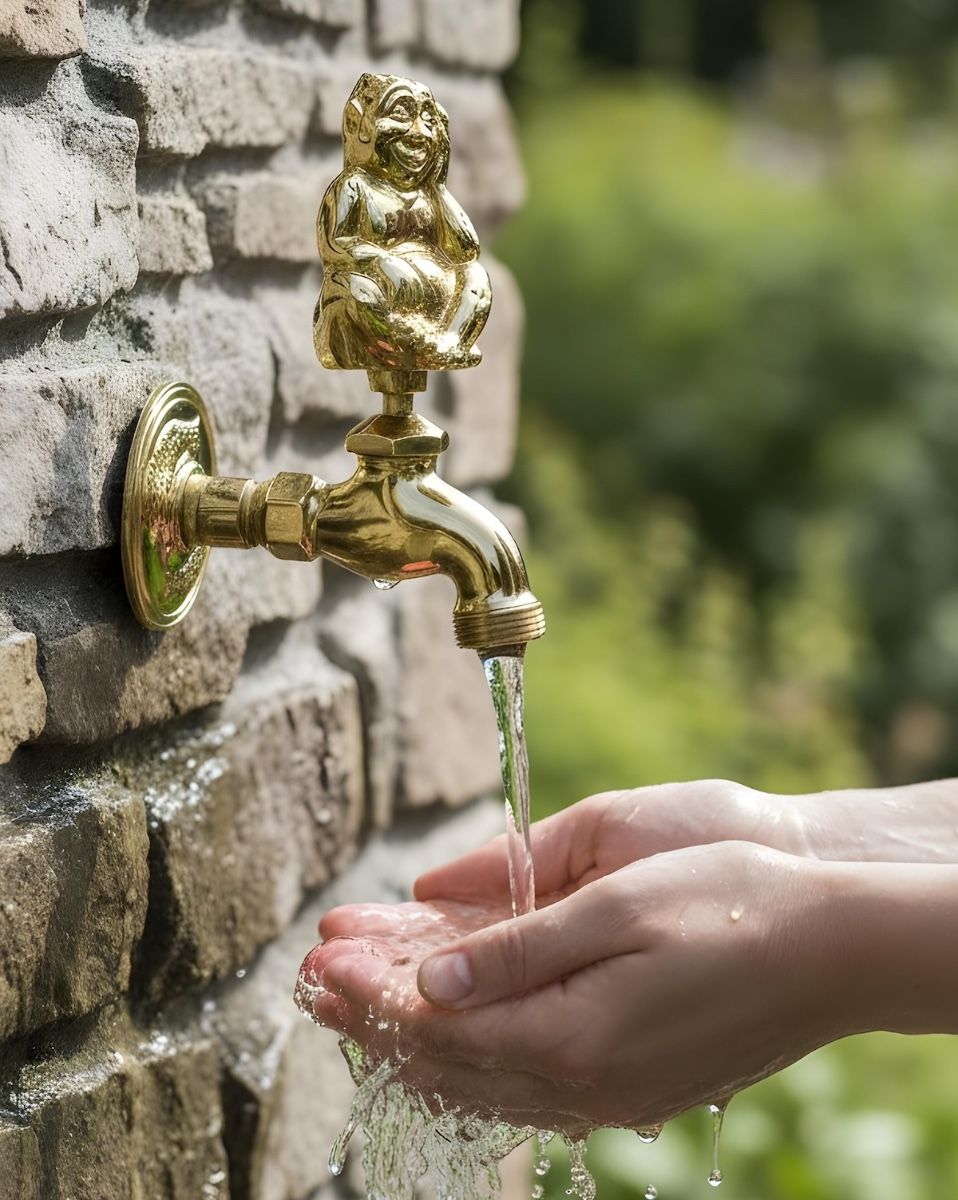 Digital illustration of Polished Brass Water Nymph Garden Tap with water flowing out the tap and hands being washed underneath