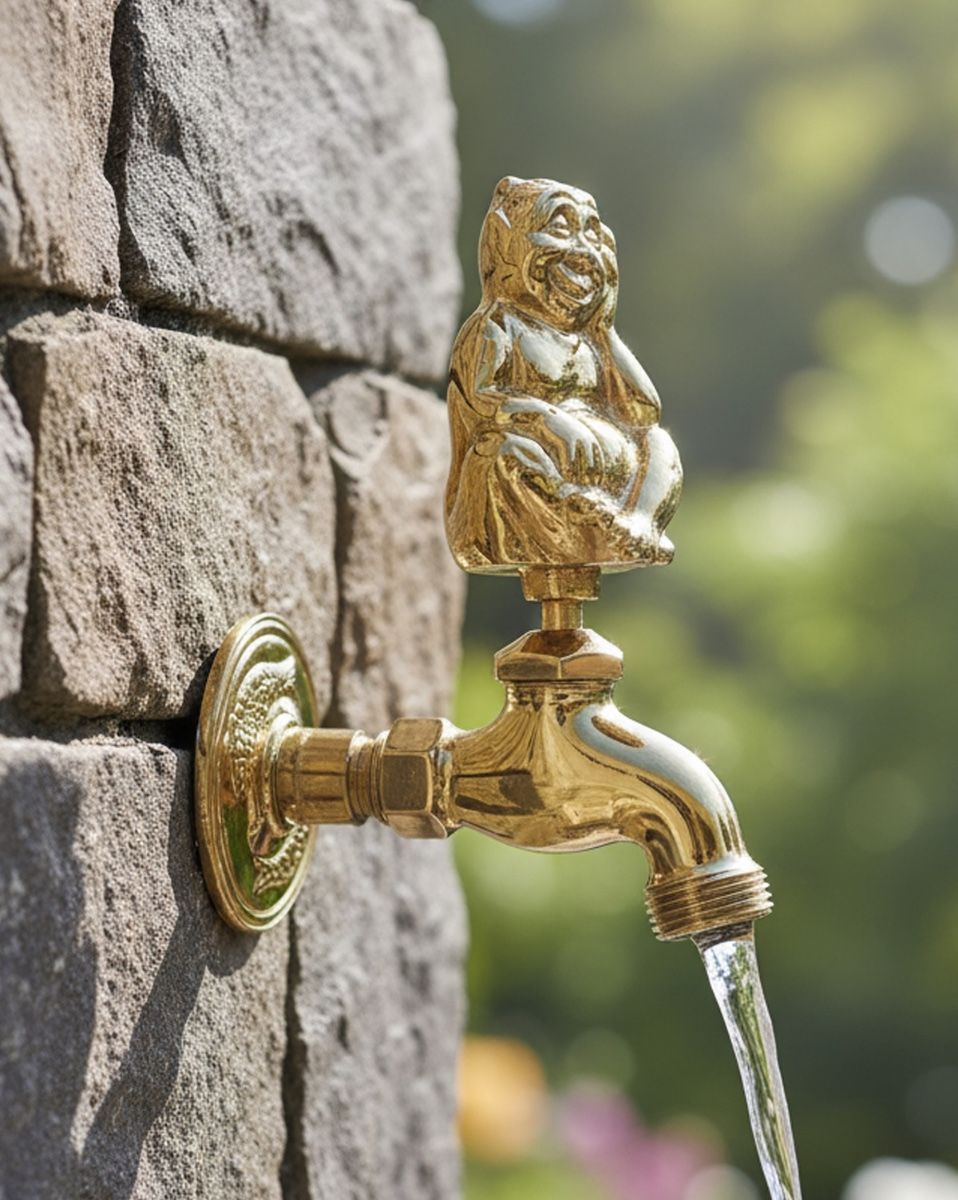 Digital illustration of Polished Brass Water Nymph Garden Tap with water flowing out the tap