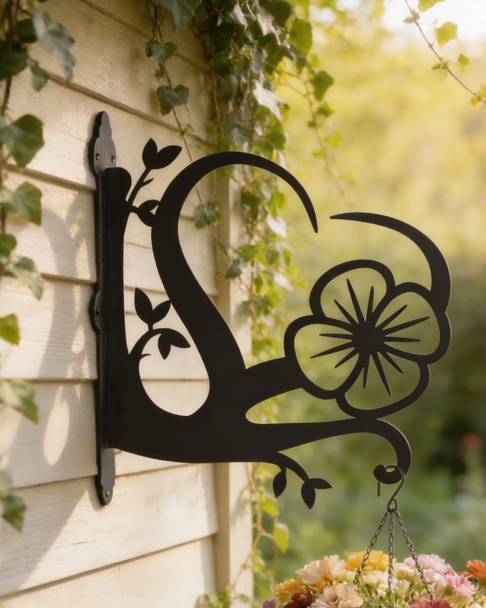 Digital illustration of Poppy Heart Hanging Basket Bracket mounted on a shed