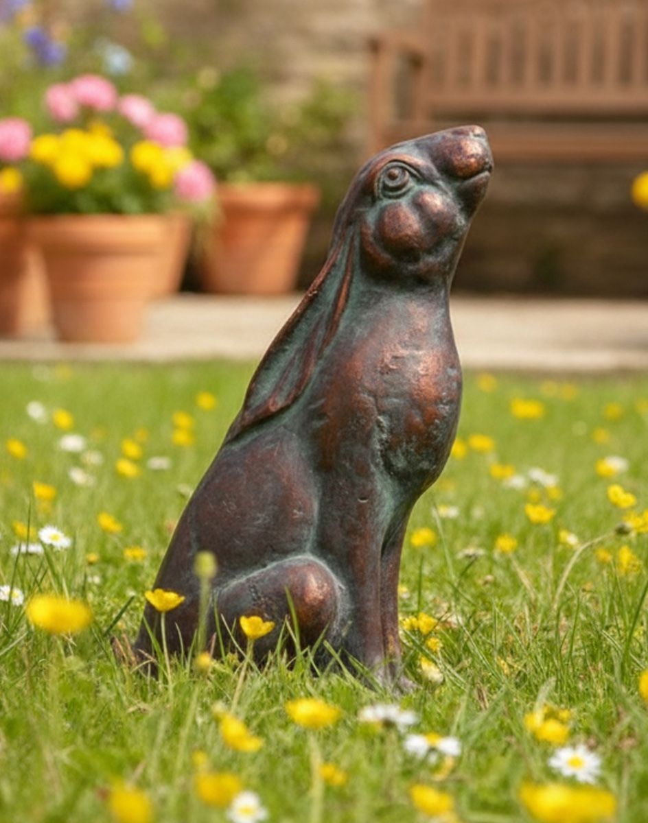 Digital Illustration of Rabbit Looking Up Garden Ornament on a Lawn with Daisy"s and Buttercup flowers