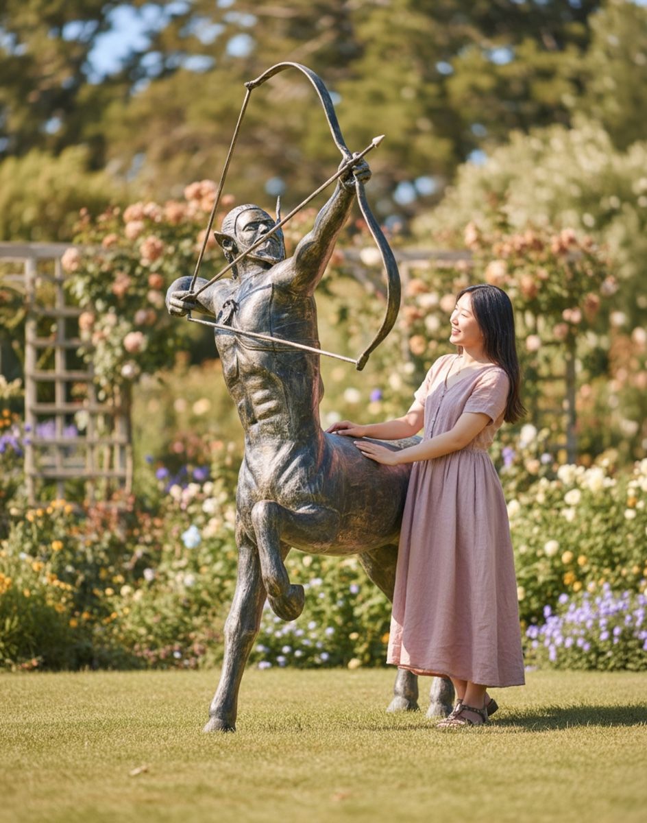 Digital illustration of Recycled Cast Aluminium Brushed Gold "Archer" Centaur Sculpture with lady stood next to sculpture for scale