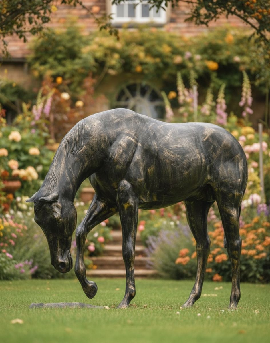 Digital illustration of Recycled Cast Aluminium Brushed Gold "Grazing" Horse Sculpture in a garden