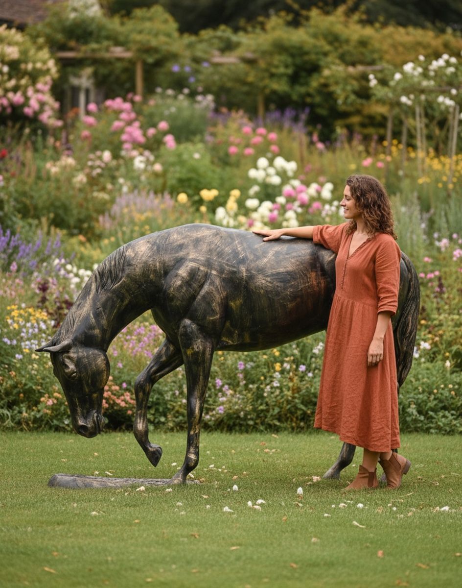 Digital illustration of Recycled Cast Aluminium Brushed Gold "Grazing" Horse Sculpture with lady for scale