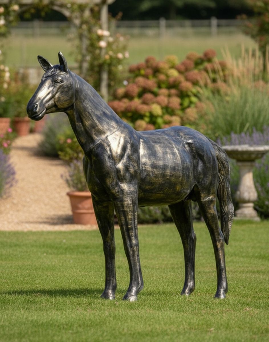 Digital illustration of Recycled Cast Aluminium Brushed Gold "Roached" Horse Sculpture 