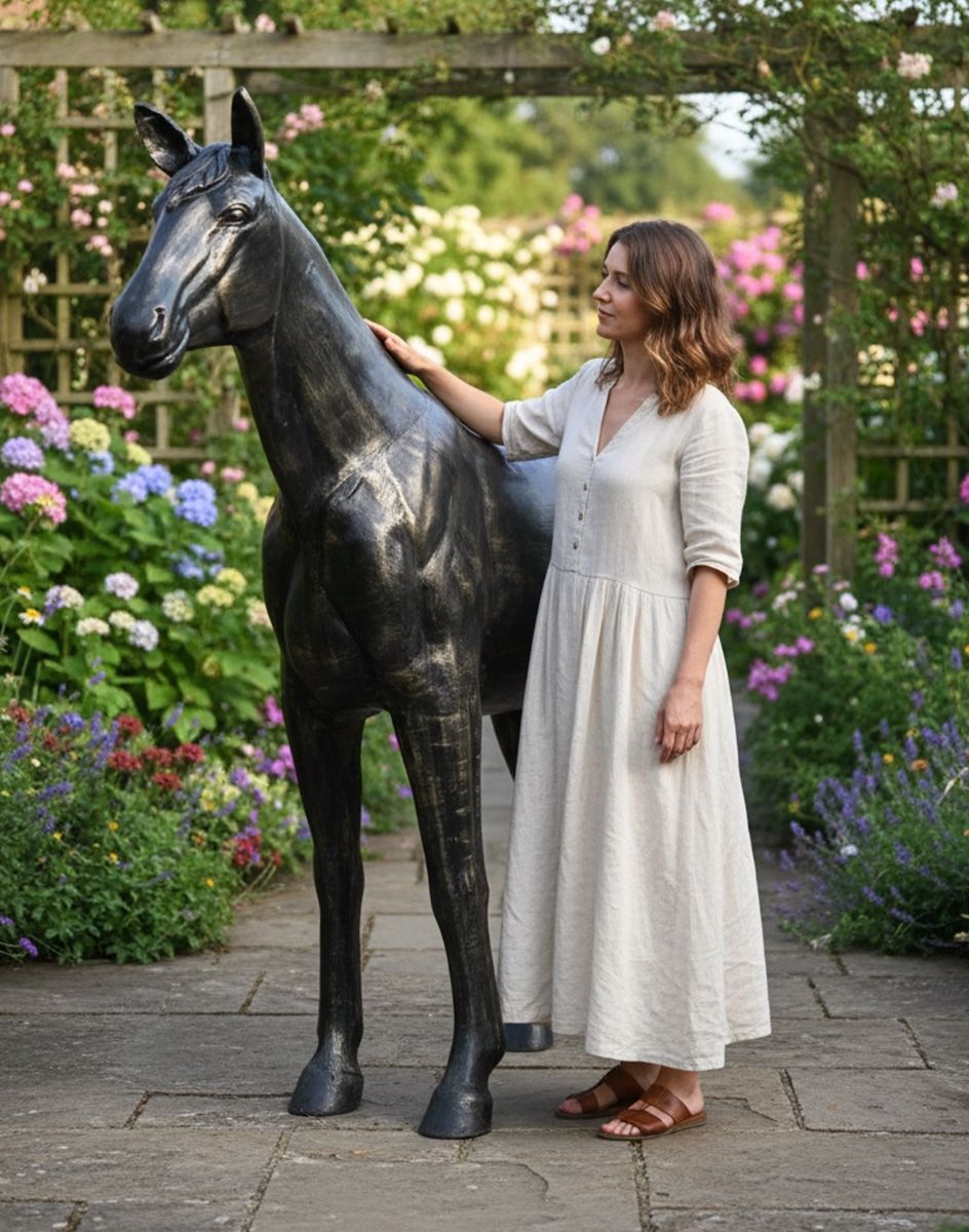 Digital illustration of Recycled Cast Aluminium Brushed Gold "Roached" Horse Sculpture with lady stood next to sculpture for scale