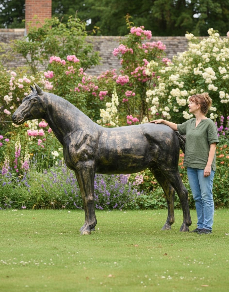 Digital illustration of Recycled Cast Aluminium Brushed Gold "Secretariat" Horse Sculpture with lady stood next to sculpture for scale