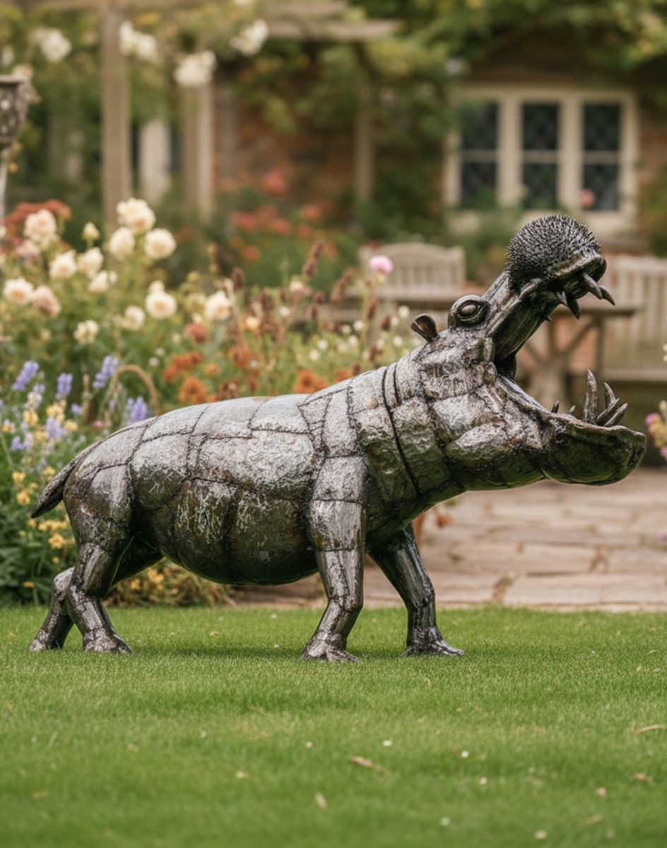 Digital Illustration of Recycled Metal Fighting Hippo Sculpture in Front of Rustic Cottage