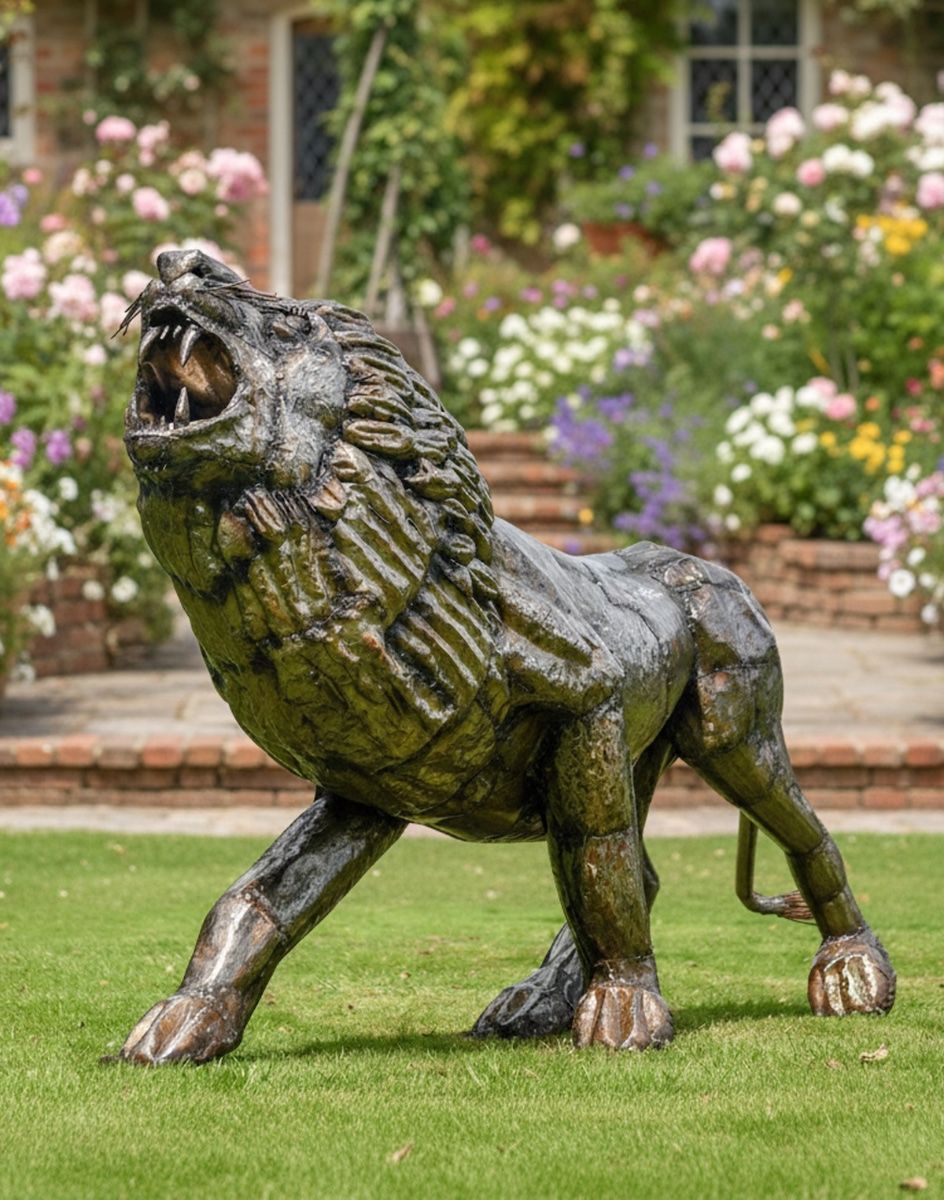 Digital Illustration of Recycled Metal Roaring Lion Sculpture on a Garden Lawn