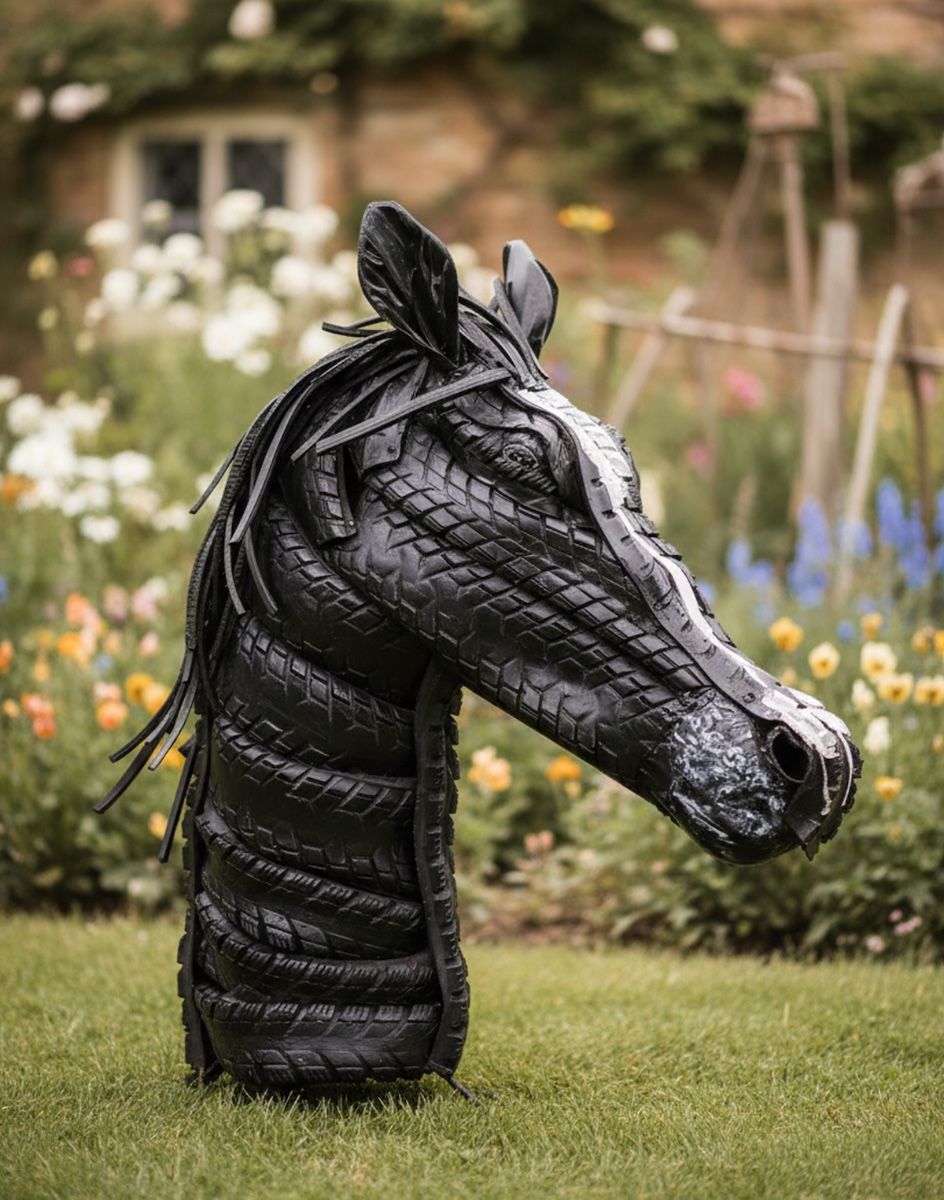 Digital illustration of Recycled Tyre Horse Head Sculpture positioned in a country garden