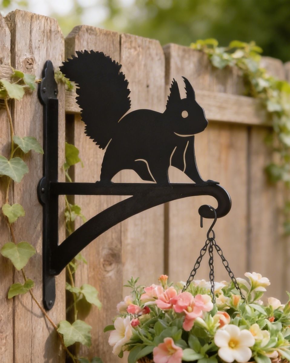 Digital illustration of Red Squirrel Hanging Basket Bracket mounted on a fence