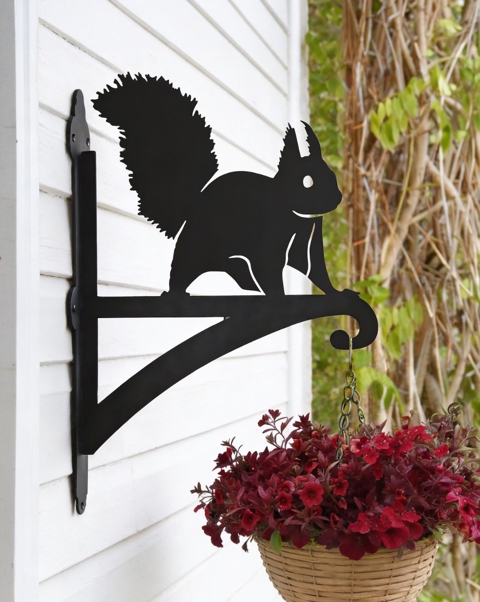Digital illustration of Red Squirrel Hanging Basket Bracket mounted on white garden shed