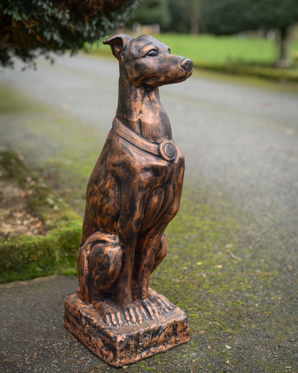 Digital illustration of "Rocket" the Sitting Greyhound in Cast Aluminium - Copper