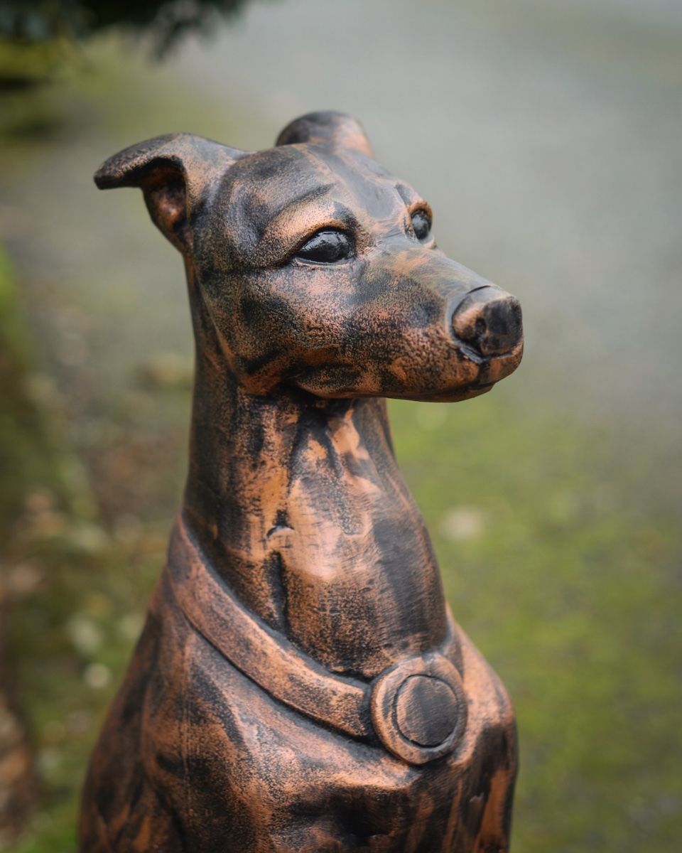 Digital illustration of "Rocket" the Sitting Greyhound in Cast Aluminium - Copper close up of head
