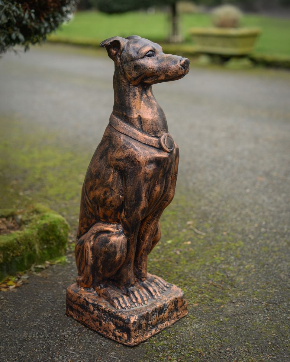 Digital illustration of "Rocket" the Sitting Greyhound in Cast Aluminium - Copper view from the side