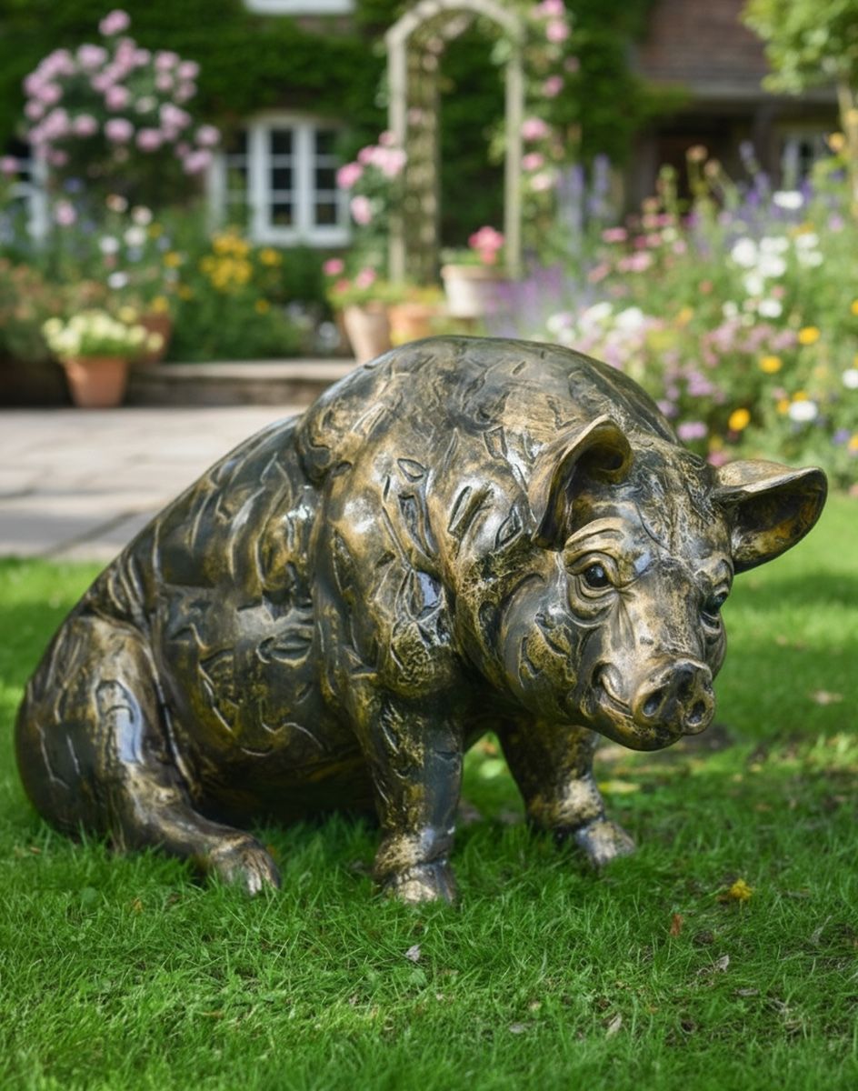 Digital illustration of a "Roscoe" the Pig Garden Sculpture on a garden lawn