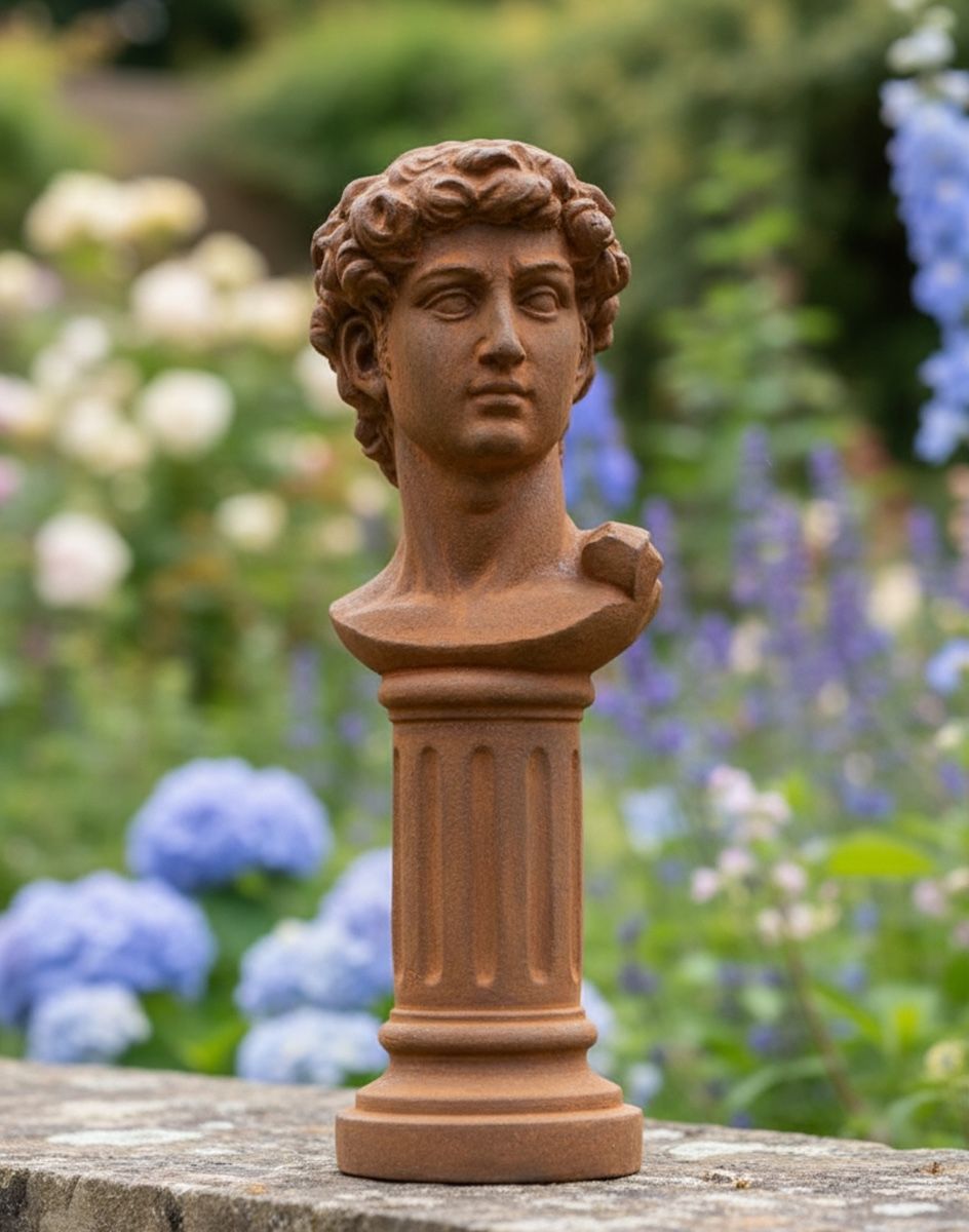 Digital illustration of Rustic "David" Garden Sculpture head on view