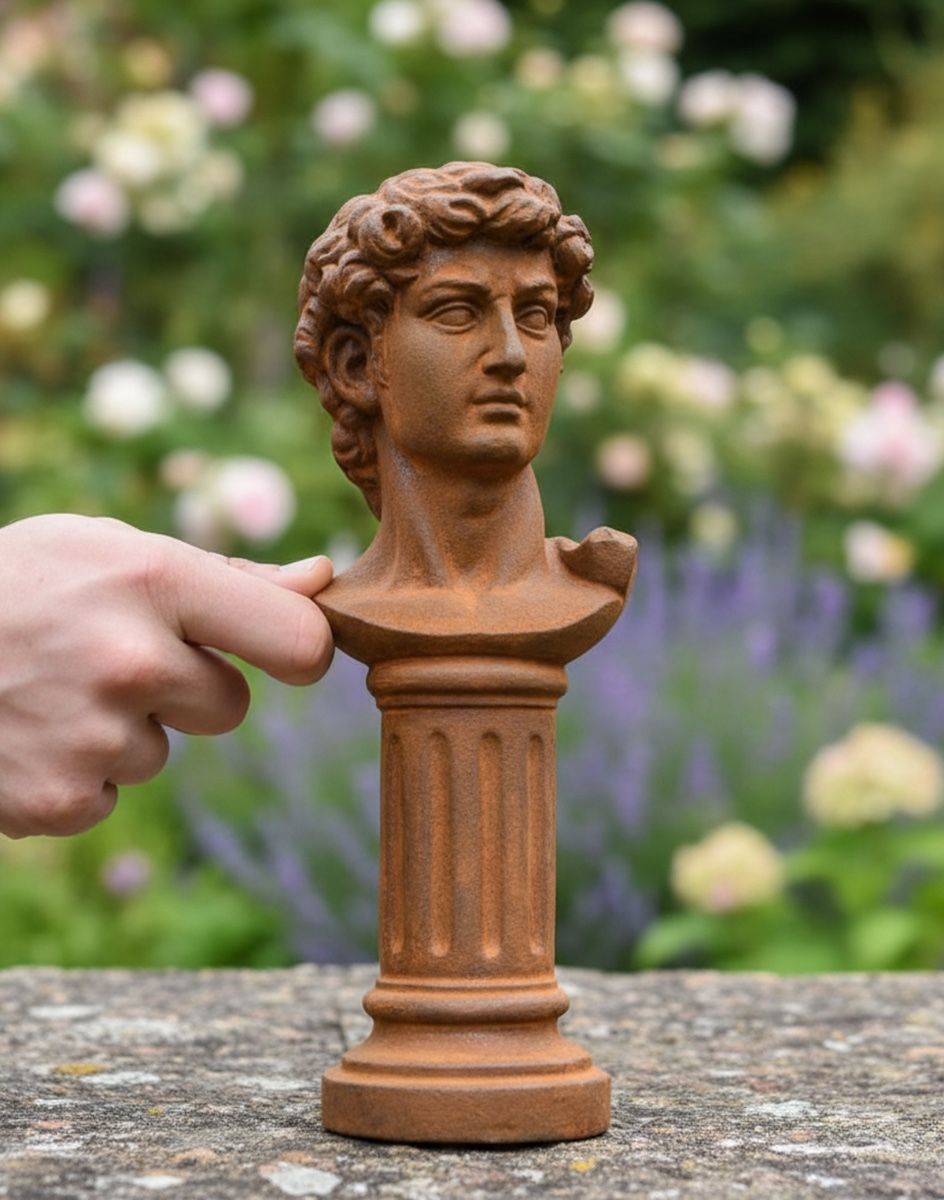 Digital illustration of Rustic "David" Garden Sculpture with hand in shot for scale