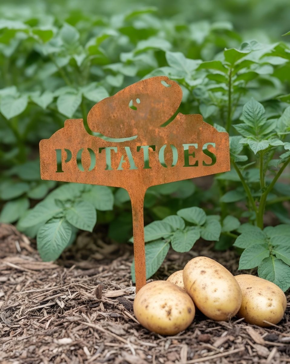 Digital illustration of Rustic "Potatoes" Vegetable Label in front of plants next to potatoes on the floor