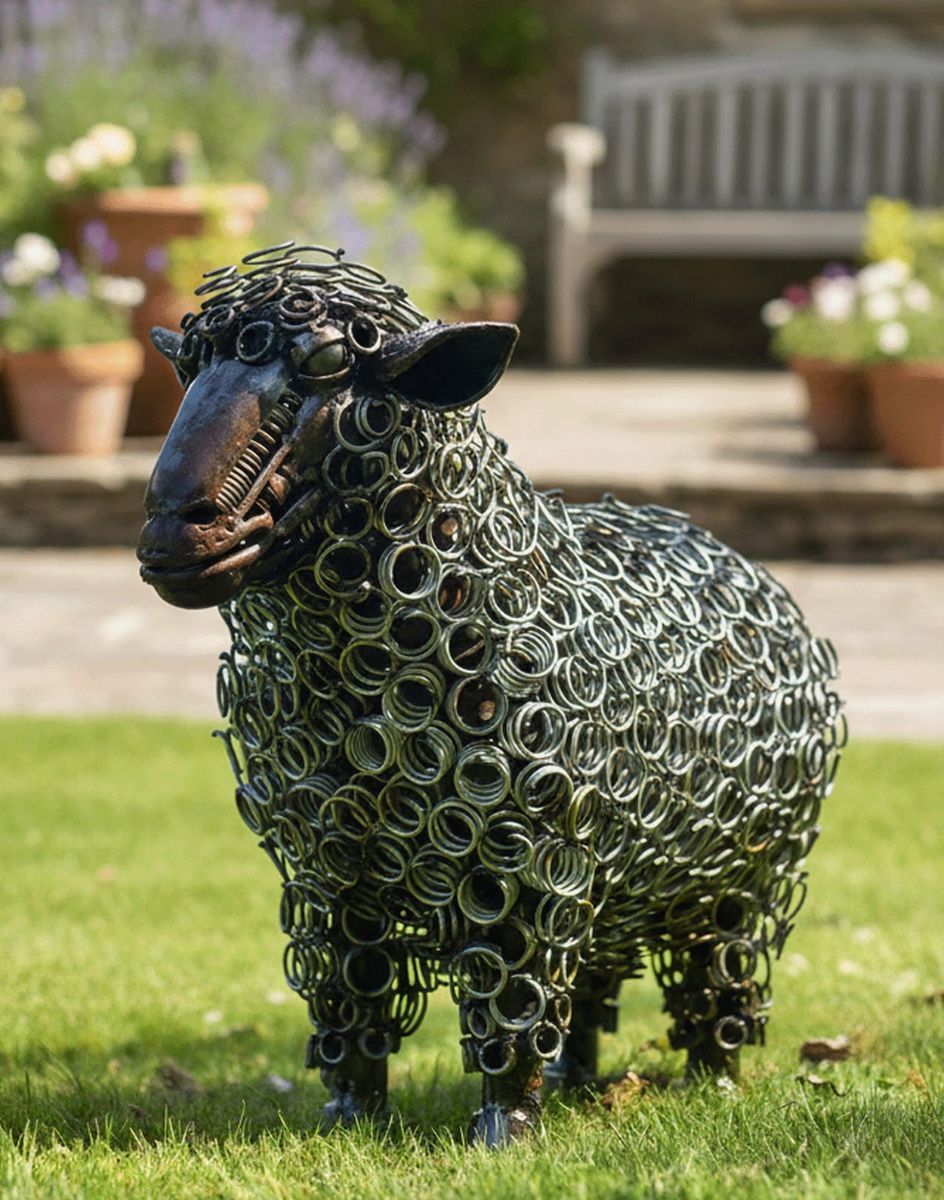 Digital Illustration of Rustic Bed Spring Sheep sculpture on a Sunny Garden Lawn