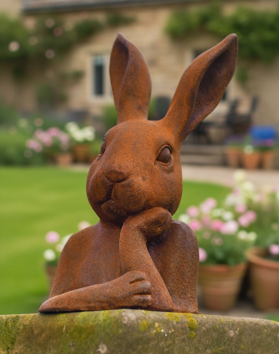 Digital illustration of a Rustic Cast Iron "Daydreamer" Rabbit Garden Sculpture Positioned on a Garden Wall 