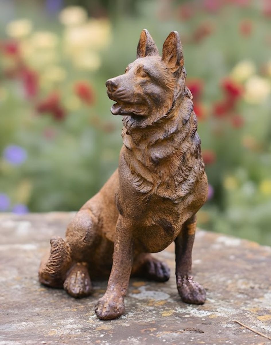 Digital illustration of Rustic Cast Iron "German Shepherd" Dog Garden Sculpture in a garden