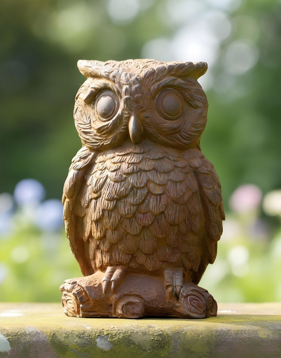 Digital illustration of Rustic Cast Iron "Horned Owl" Garden Sculpture in a garden