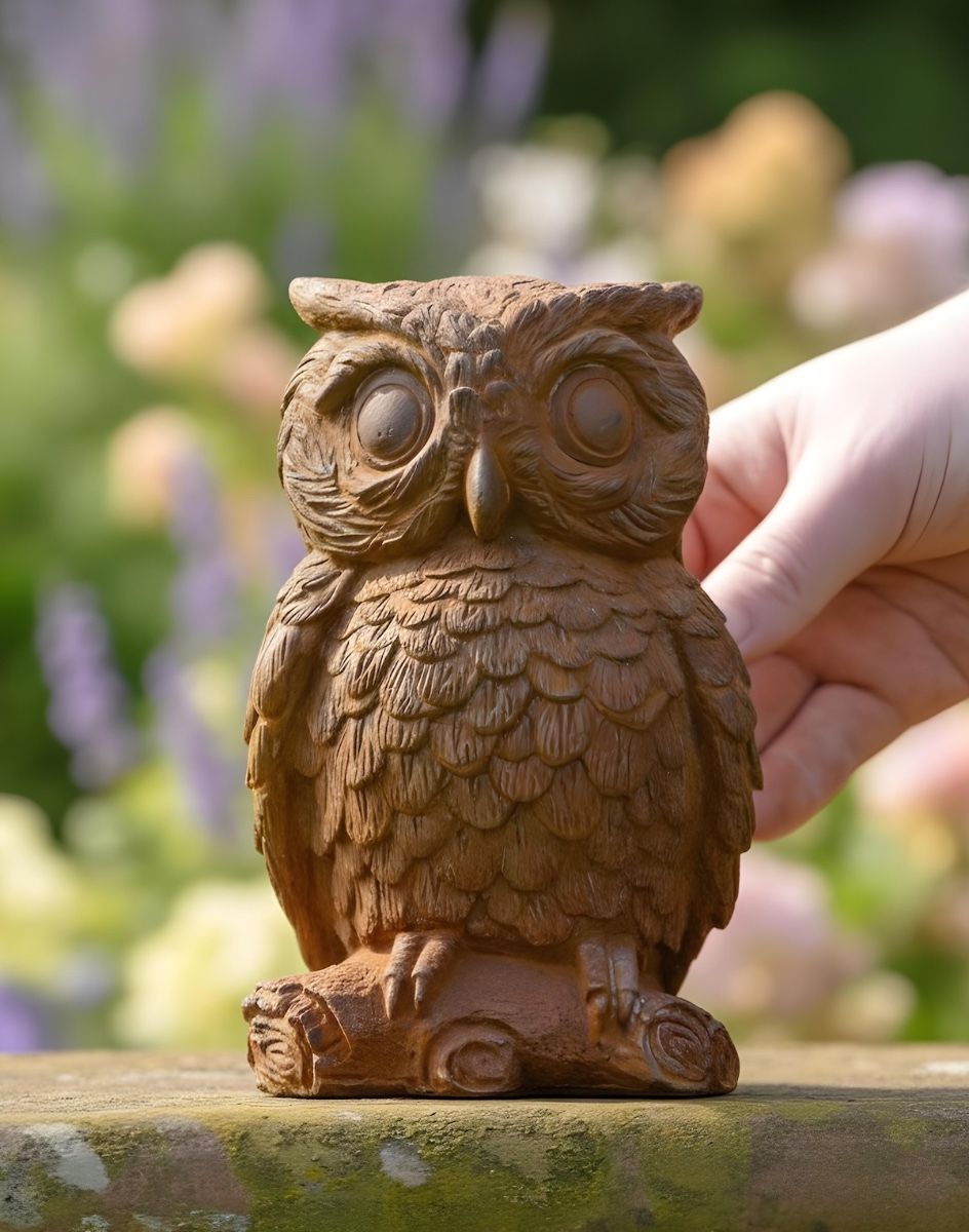 Digital illustration of Rustic Cast Iron "Horned Owl" Garden Sculpture with hand in shot for scale