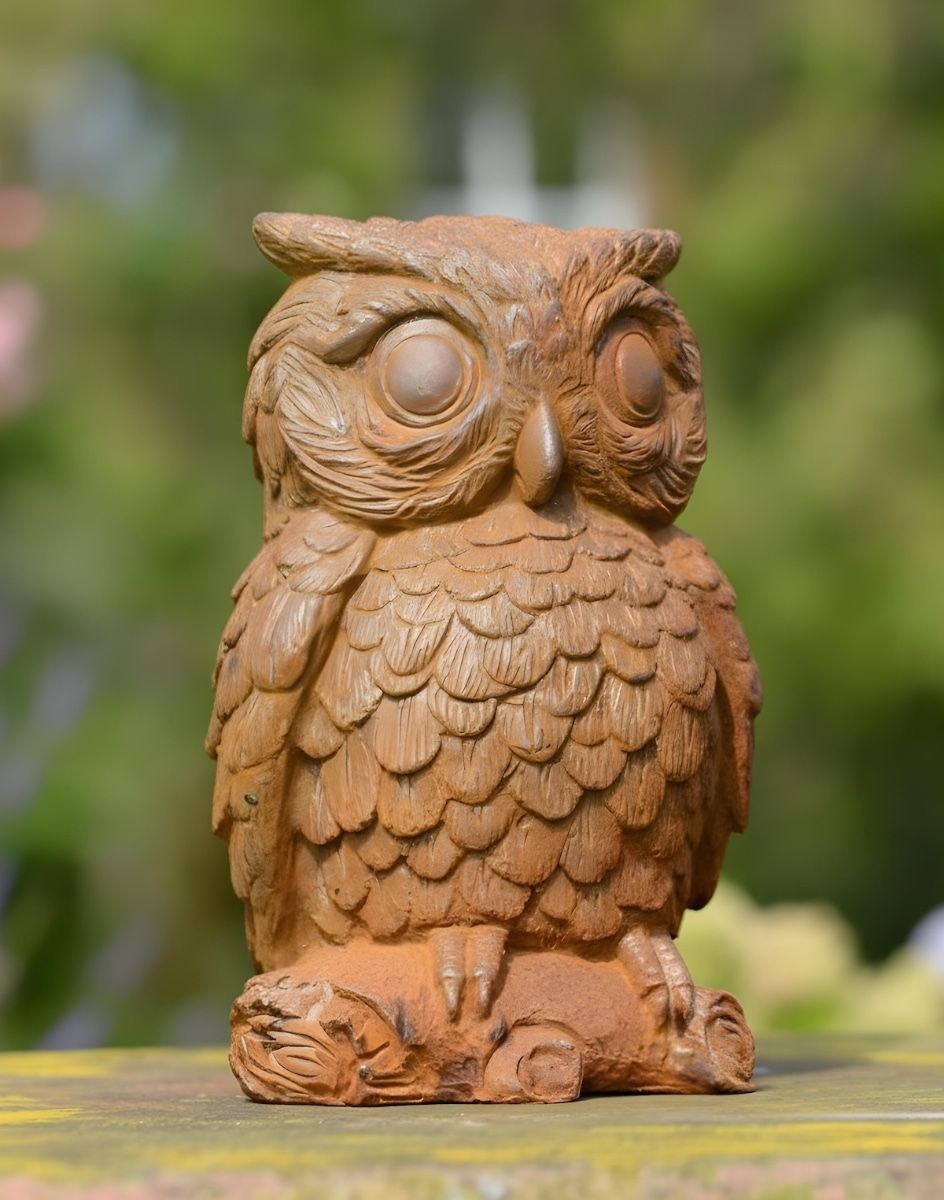Digital illustration of Rustic Cast Iron "Horned Owl" Garden Sculpture side view in a garden