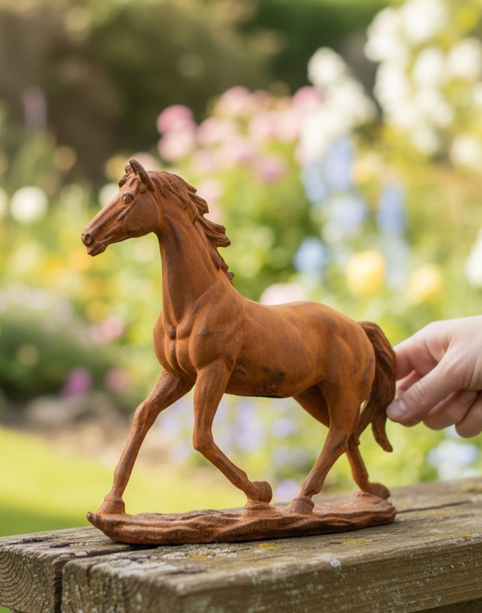 Digital illustration of Rustic Cast Iron "Horse in Gallop" Garden Sculpture with hand in shot for scale
