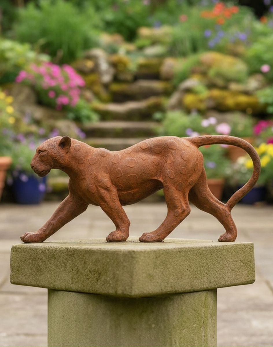 Digital Illustration of Rustic Cast Iron "Majestic Leopard" Garden Sculpture in Front of a Tiered Garden